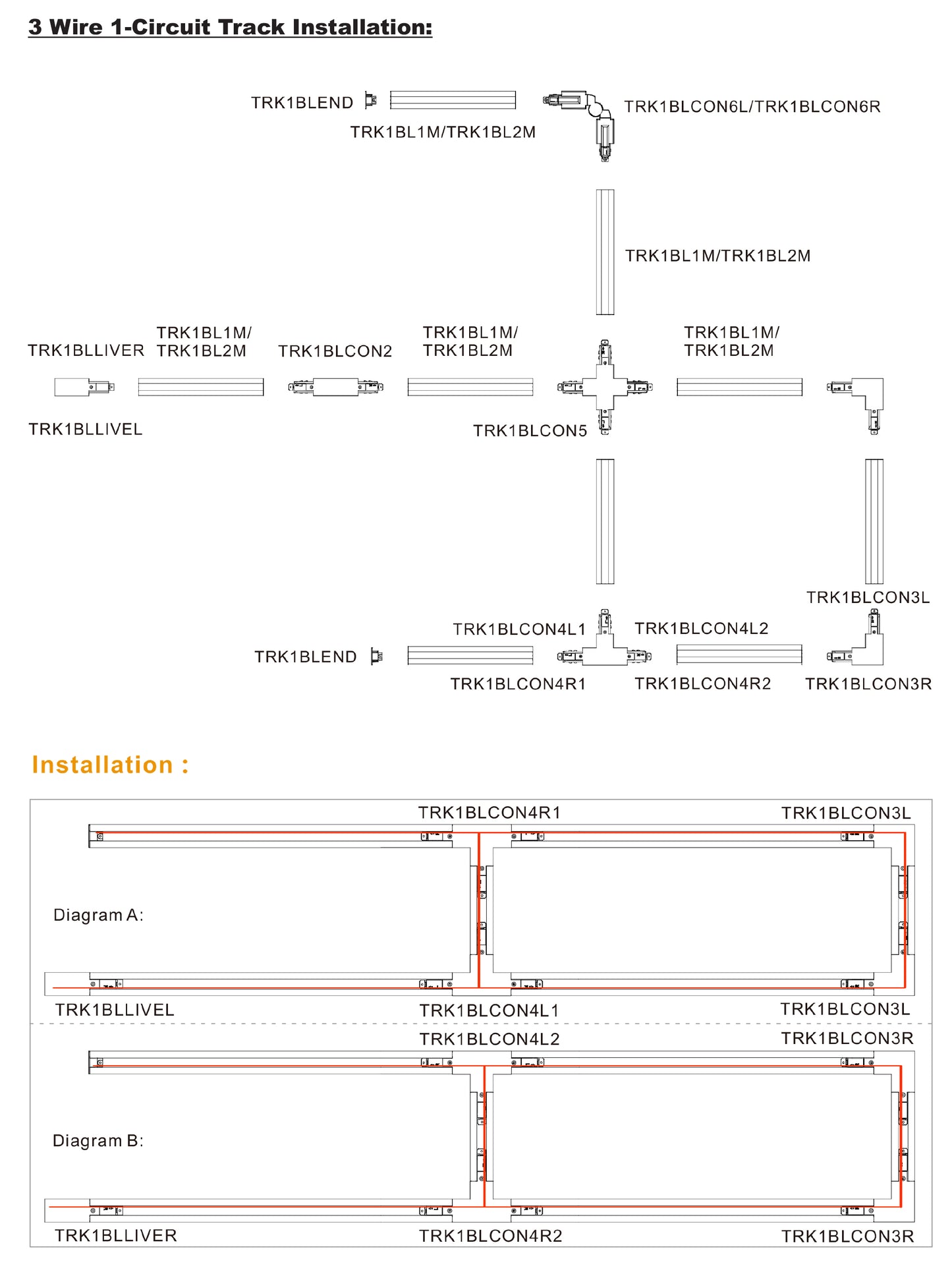 3 Wire 1 Circuit Universal Tracks, Connectors, End Cap & Live End