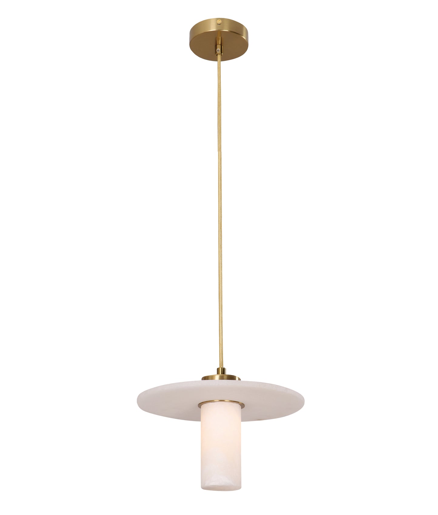 LUCERNA: Interior Cylinder Round Hat Marble Shade Brass Highlight Pendant Light