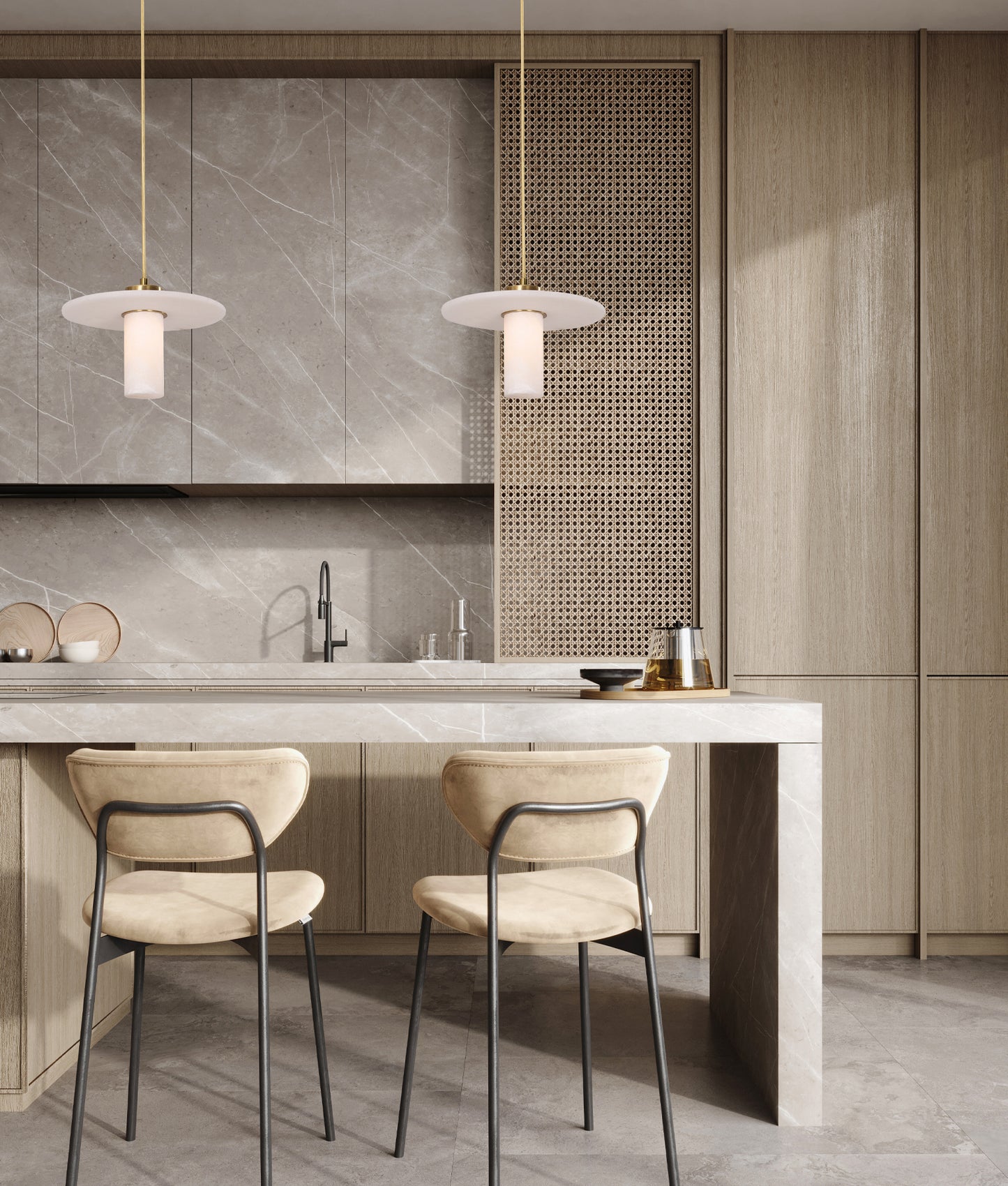 LUCERNA: Interior Cylinder Round Hat Marble Shade Brass Highlight Pendant Light