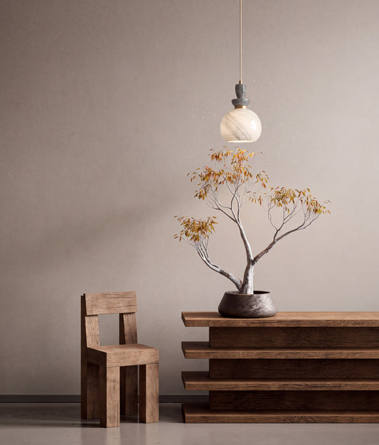 MARMARA: Interior Marbled Glass Wine Glass Shape with Travertine / Marble Highlight Pendant Lights
