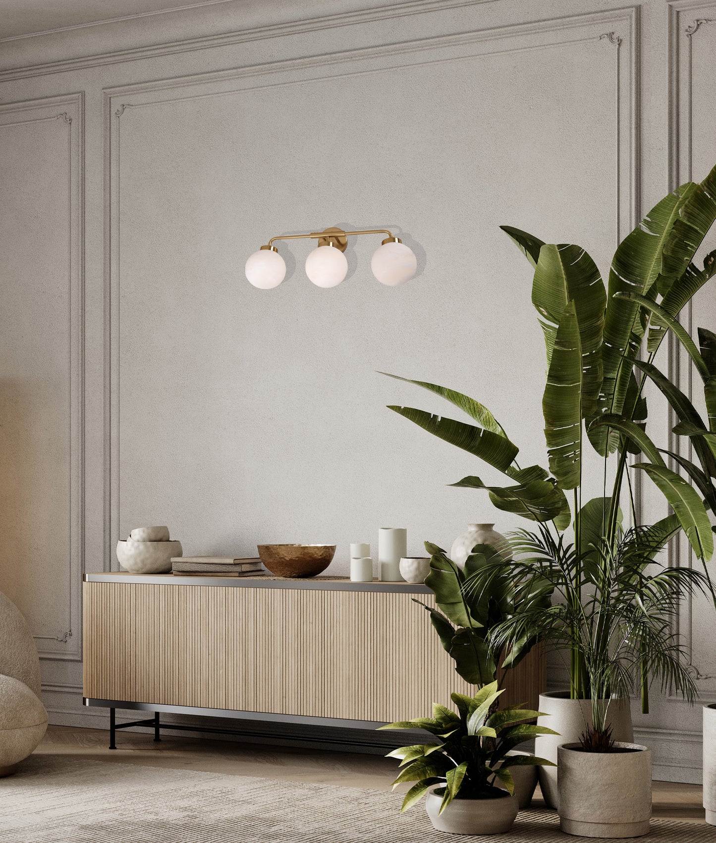 PALLA: Interior Triple Sphere Marble with Brass Highlight Round Base Wall Light