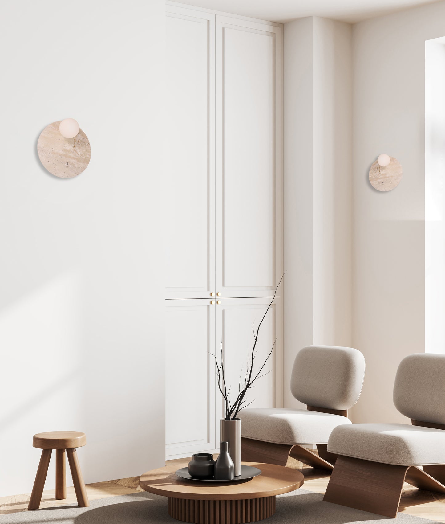 POI: Interior Round Travertine Base with Beige Finish & Round Opal Diffuser Wall Light