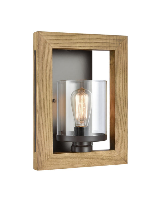 METI: Warm Chestnut Wood Frame Clear Glass Shade Interior Wall Light
