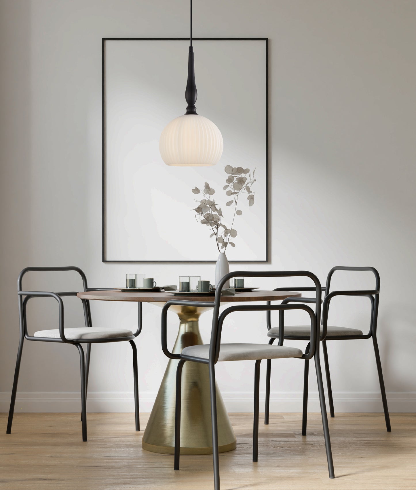 CALIZ: Interior Frosted Wine Glass Ribbed with Brass / Black Pendant Lights