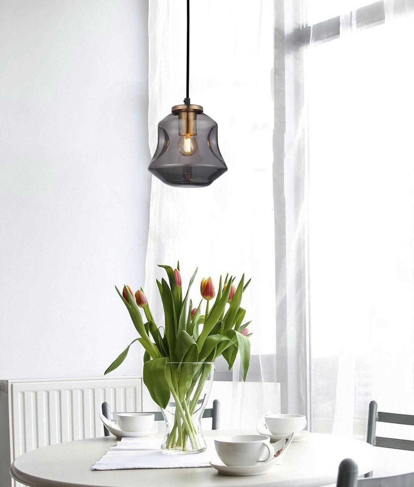 FOSSETTE: Interior Dimpled Smoked Mirror Effect Angled Bell Glass Pendant Light