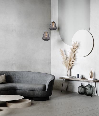 FOSSETTE: Interior Dimpled Smoked Mirror Effect Angled Bell Glass Pendant Light