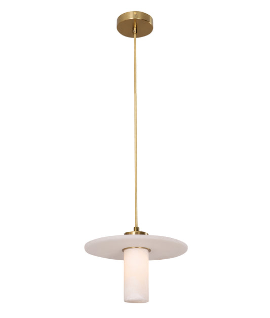 LUCERNA: Interior Cylinder Round Hat Marble Shade Brass Highlight Pendant Light