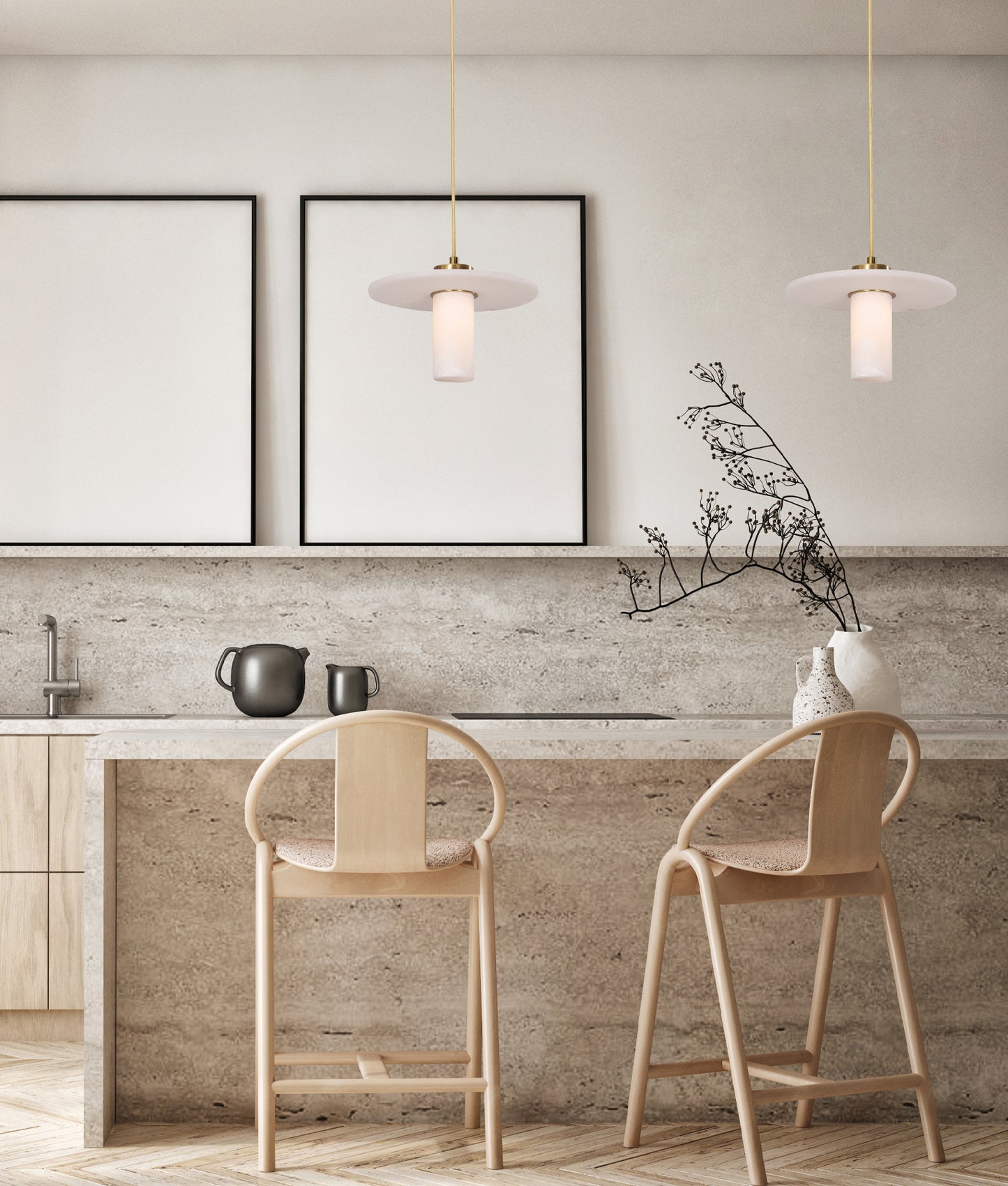 LUCERNA: Interior Cylinder Round Hat Marble Shade Brass Highlight Pendant Light