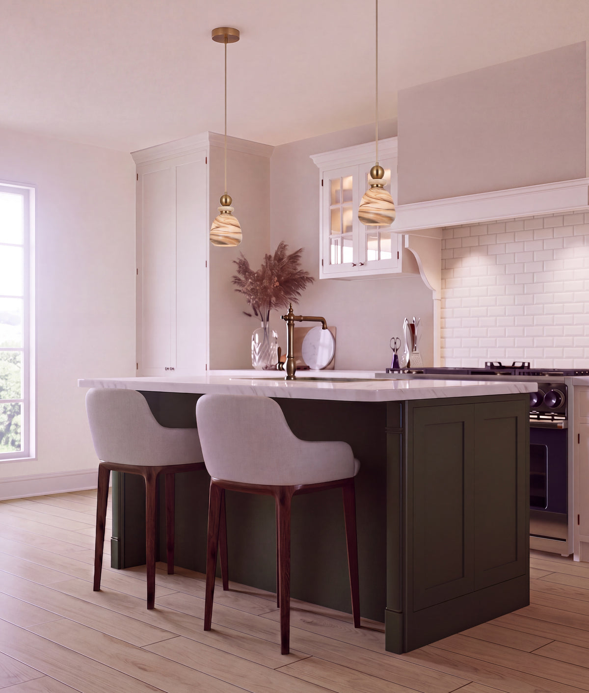 MARMARA: Interior Marbled Glass Bell Shade with Travertine / Marble Highlight Pendant Lights