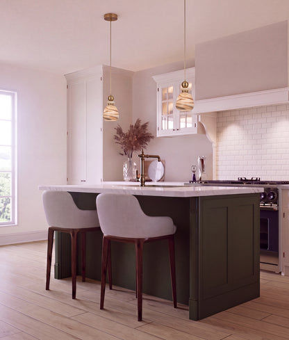 MARMARA: Interior Marbled Glass Bell Shade with Travertine / Marble Highlight Pendant Lights