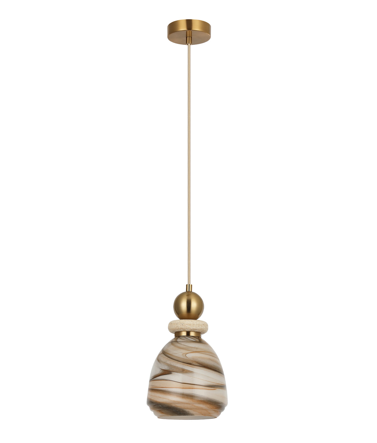MARMARA: Interior Marbled Glass Bell Shade with Travertine / Marble Highlight Pendant Lights