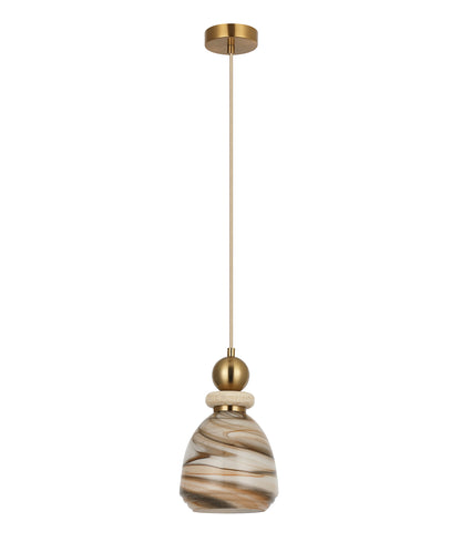 MARMARA: Interior Marbled Glass Bell Shade with Travertine / Marble Highlight Pendant Lights
