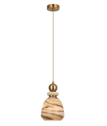MARMARA: Interior Marbled Glass Bell Shade with Travertine / Marble Highlight Pendant Lights