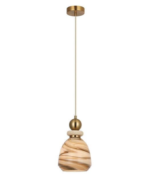 MARMARA: Interior Marbled Glass Bell Shade with Travertine / Marble Highlight Pendant Lights