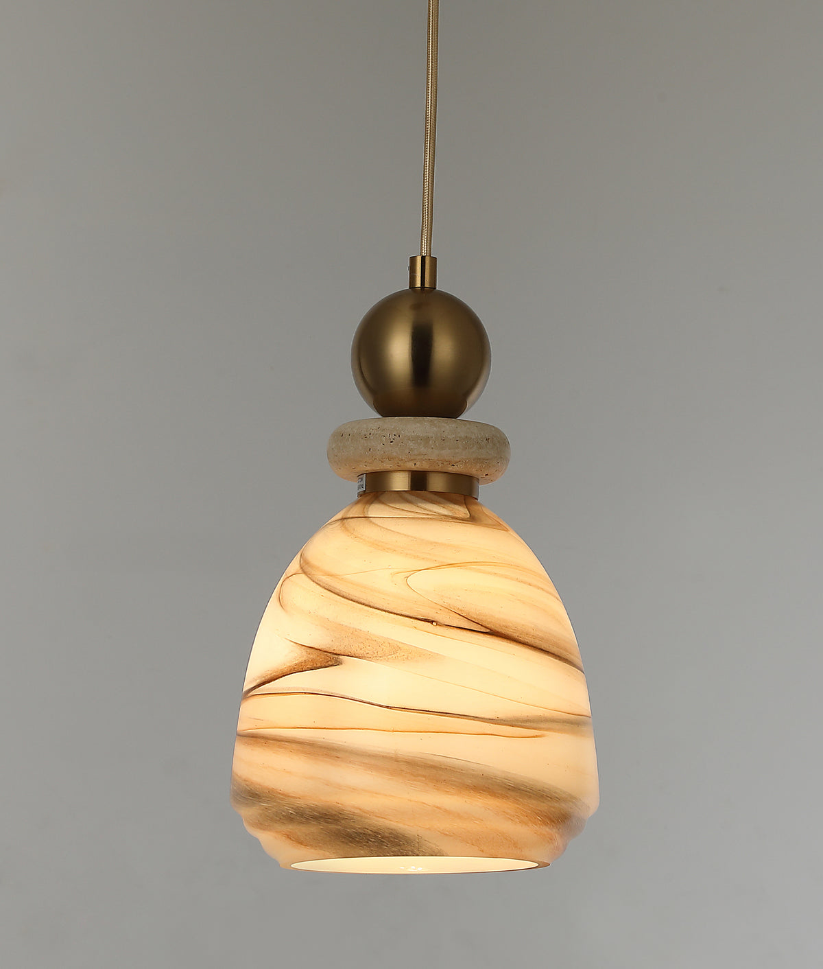 MARMARA: Interior Marbled Glass Bell Shade with Travertine / Marble Highlight Pendant Lights