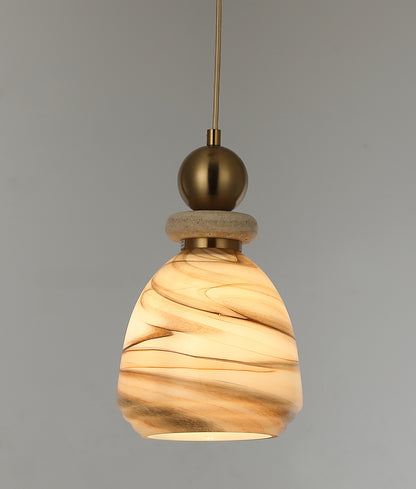 MARMARA: Interior Marbled Glass Bell Shade with Travertine / Marble Highlight Pendant Lights