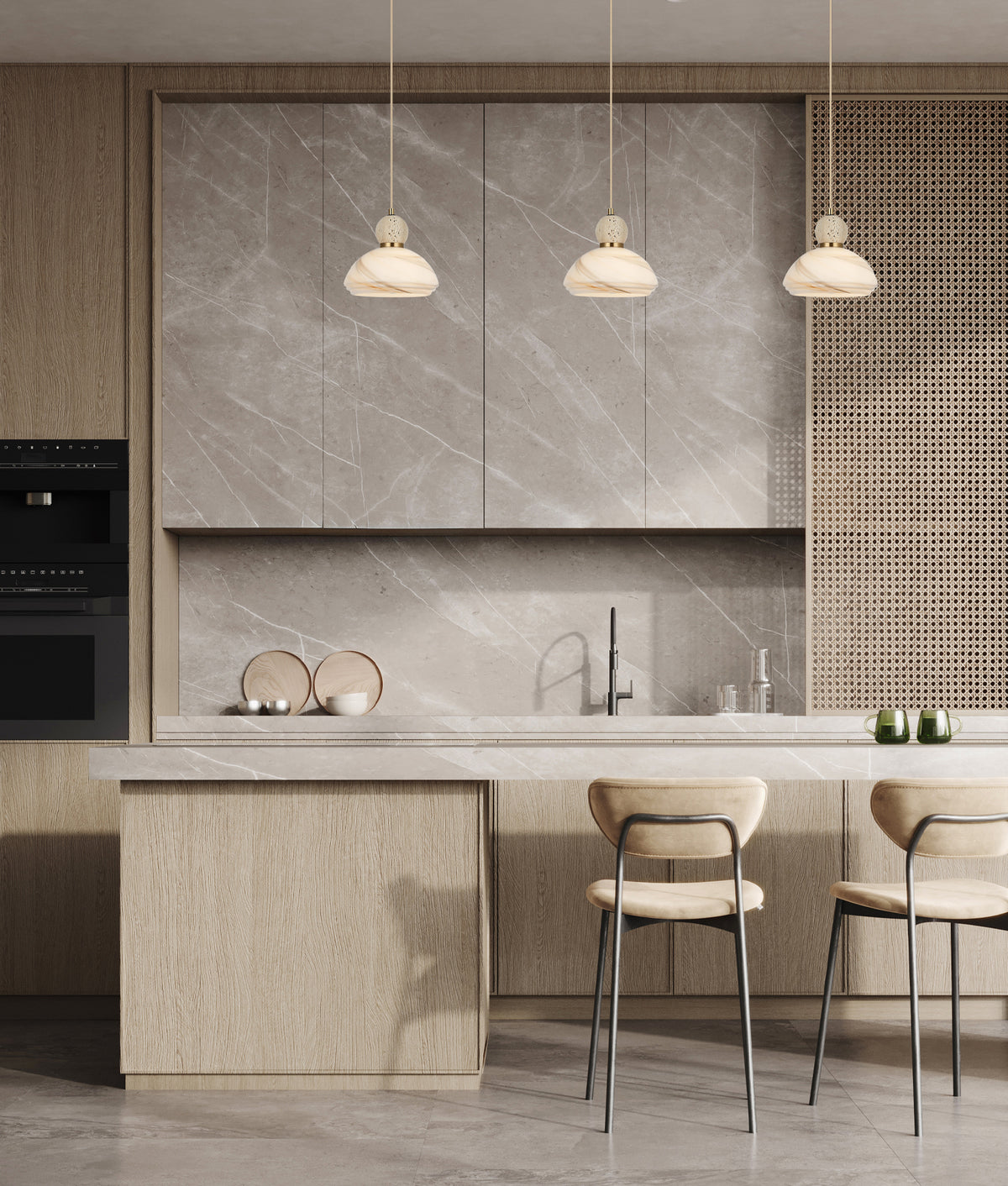 MARMARA: Interior Marbled Glass Dome Shade with Travertine / Marble Highlight Pendant Lights