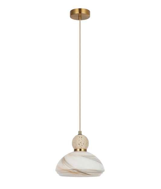 MARMARA: Interior Marbled Glass Dome Shade with Travertine / Marble Highlight Pendant Lights