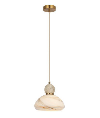 MARMARA: Interior Marbled Glass Dome Shade with Travertine / Marble Highlight Pendant Lights