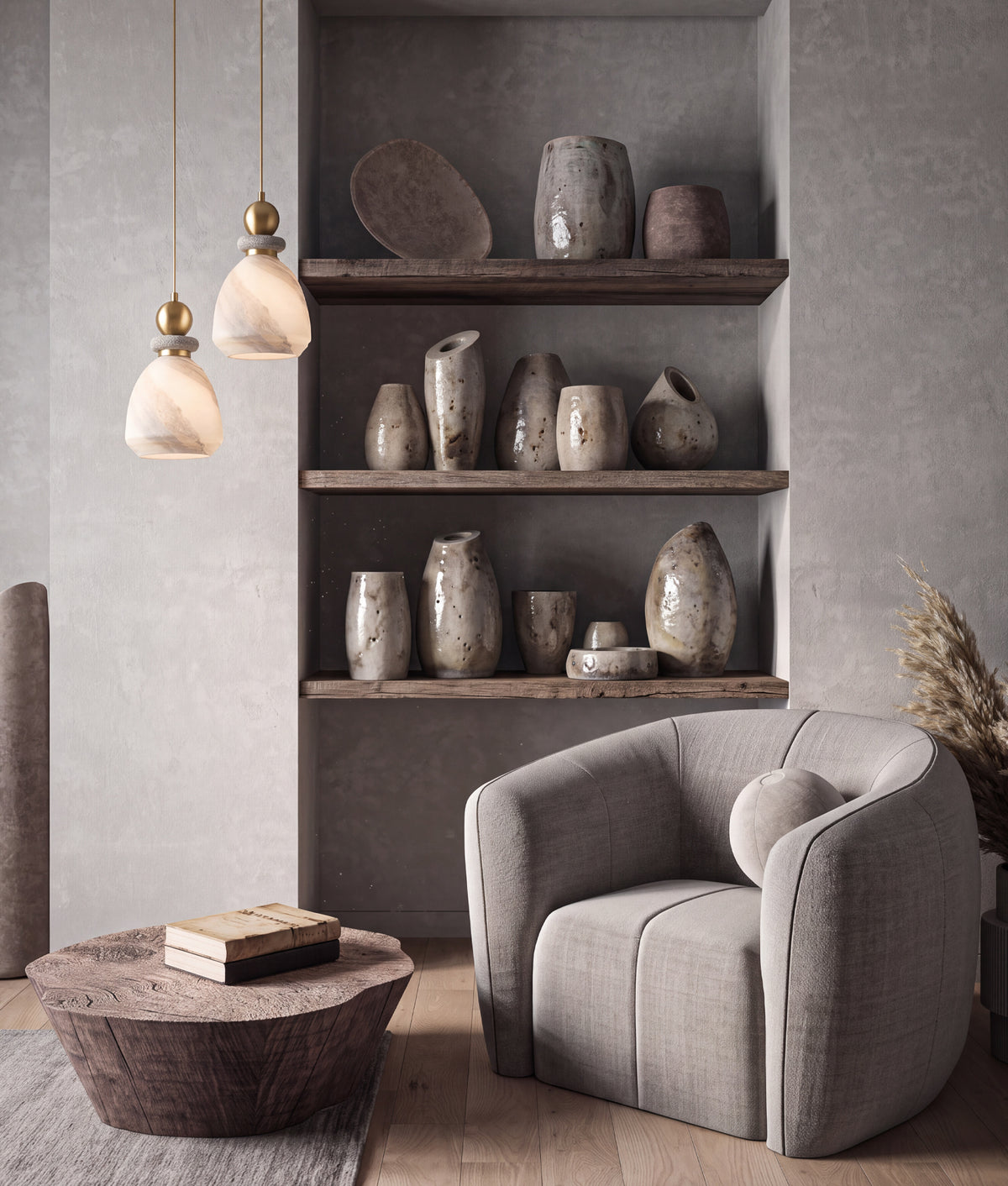 MARMARA: Interior Marbled Glass Bell Shade with Travertine / Marble Highlight Pendant Lights