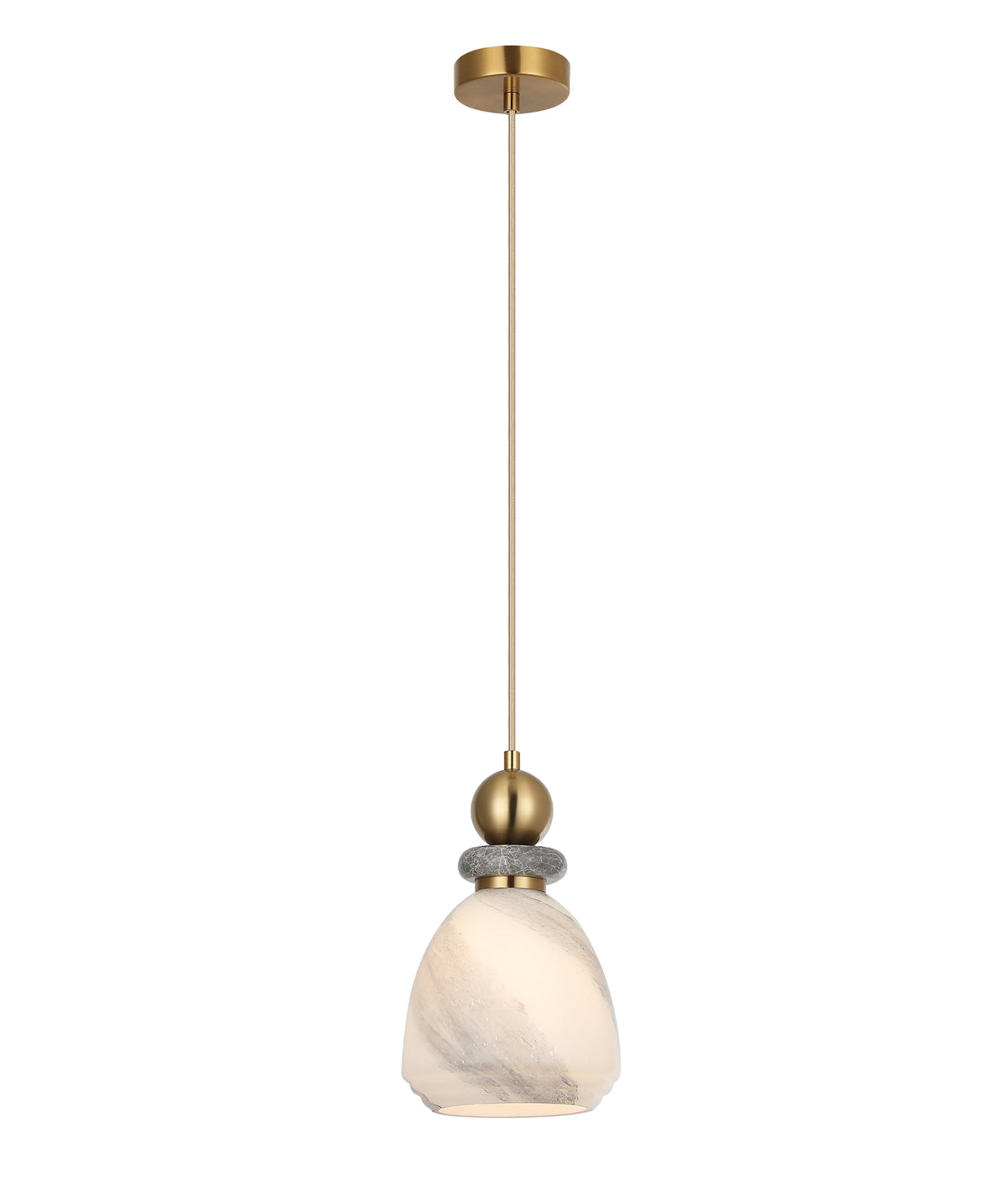 MARMARA: Interior Marbled Glass Bell Shade with Travertine / Marble Highlight Pendant Lights