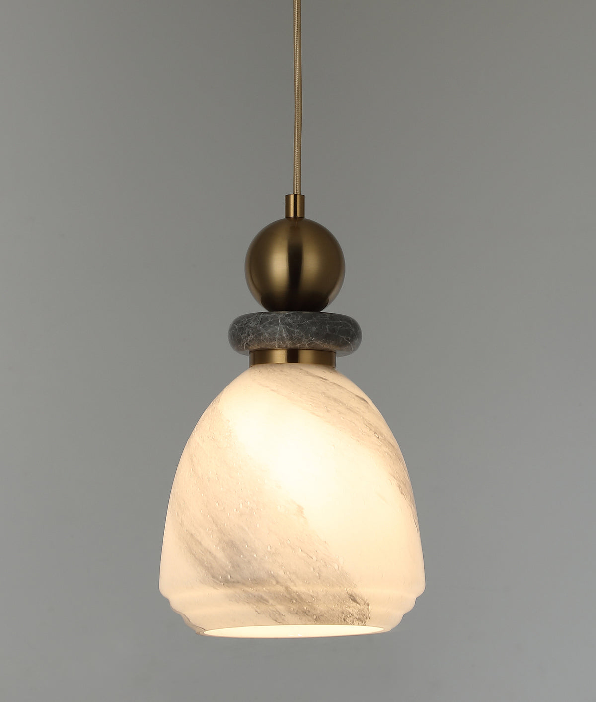 MARMARA: Interior Marbled Glass Bell Shade with Travertine / Marble Highlight Pendant Lights