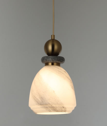 MARMARA: Interior Marbled Glass Bell Shade with Travertine / Marble Highlight Pendant Lights