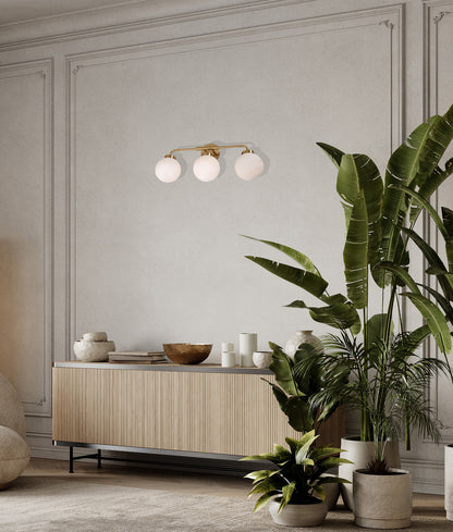 PALLA: Interior Triple Sphere Marble with Brass Highlight Round Base Wall Light
