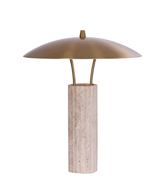 PARACCU: Interior LED Beige Travertine Base Brass Sun Hat Shade Table Lamp