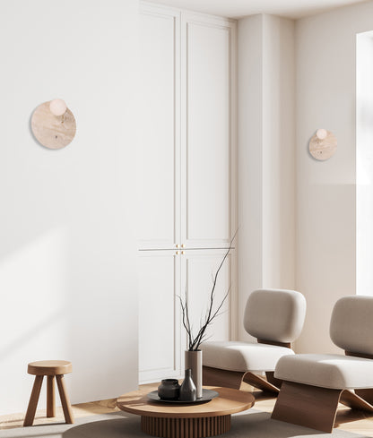 POI: Interior Round Travertine Base with Beige Finish & Round Opal Diffuser Wall Light