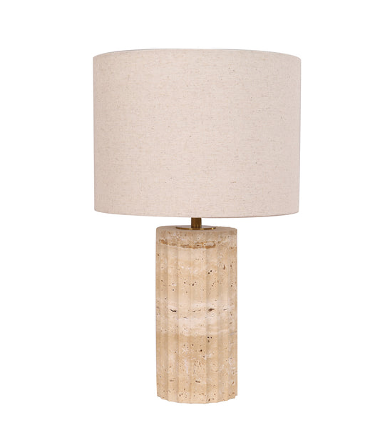 SAGITTA: Beige Travertine Base Oblong Fabric Cream Shade Table Lamps