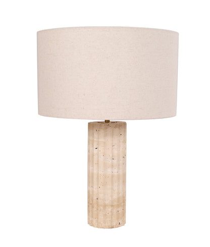 SAGITTA: Beige Travertine Base Oblong Fabric Cream Shade Table Lamps