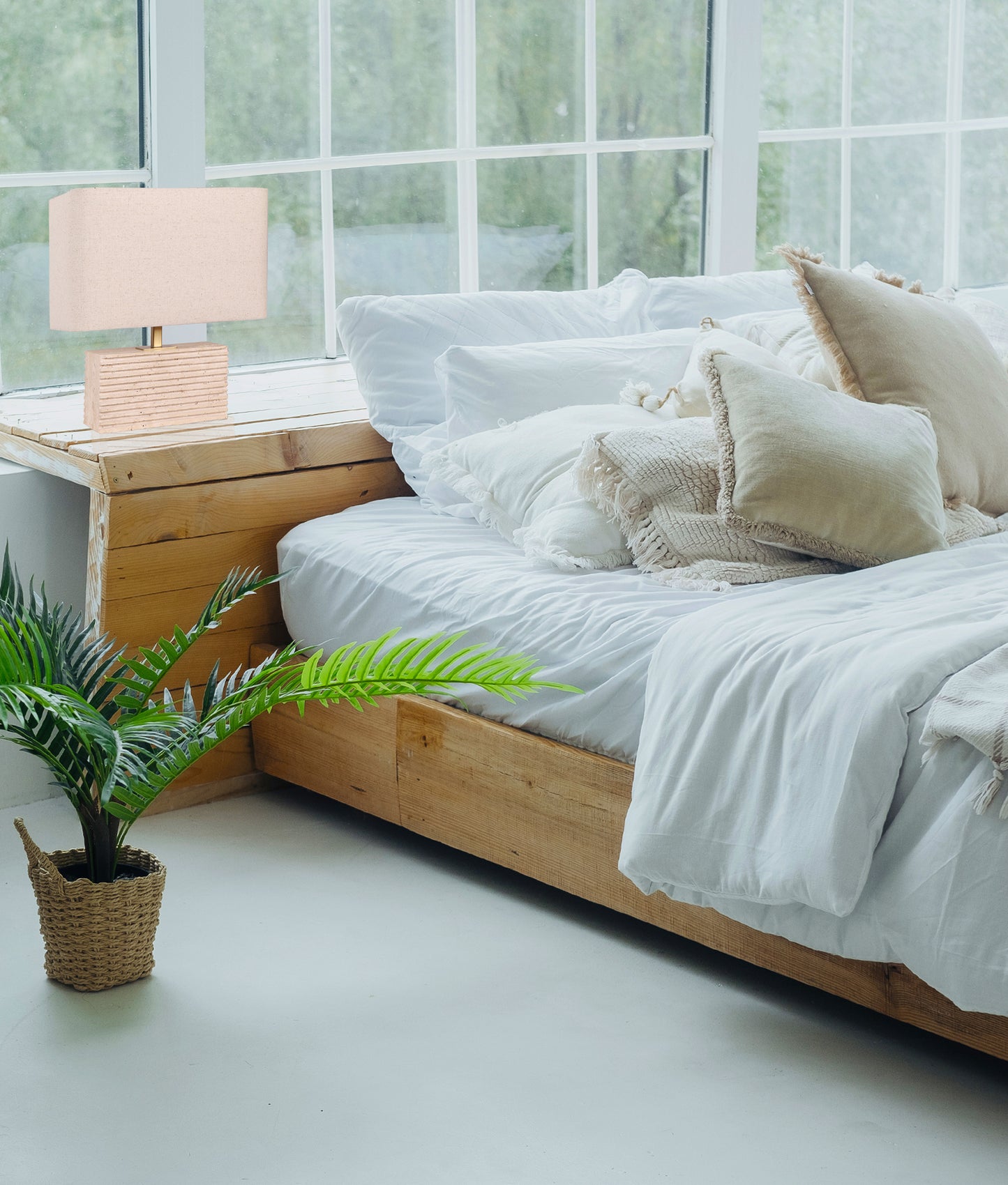 SAGITTA: Rectangular Beige Travertine Base Rectangular Fabric Cream Shade Table Lamp