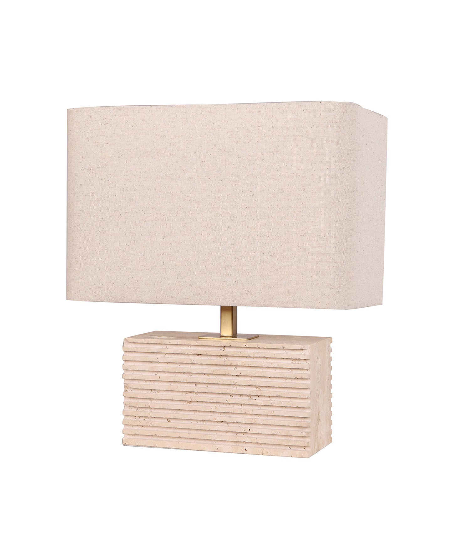 SAGITTA: Rectangular Beige Travertine Base Rectangular Fabric Cream Shade Table Lamp