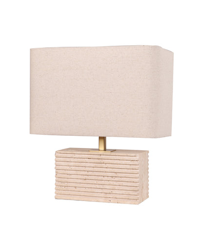 SAGITTA: Rectangular Beige Travertine Base Rectangular Fabric Cream Shade Table Lamp