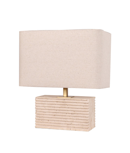 SAGITTA: Rectangular Beige Travertine Base Rectangular Fabric Cream Shade Table Lamp