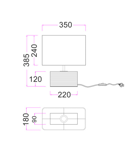 SAGITTA: Rectangular Beige Travertine Base Rectangular Fabric Cream Shade Table Lamp