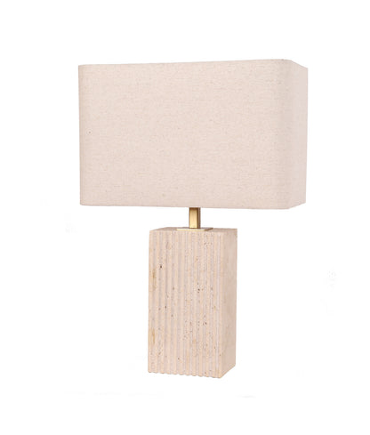 SAGITTA: Beige Travertine Base Rectangular Fabric Cream Shade Table Lamps