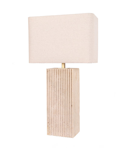 SAGITTA: Beige Travertine Base Rectangular Fabric Cream Shade Table Lamps