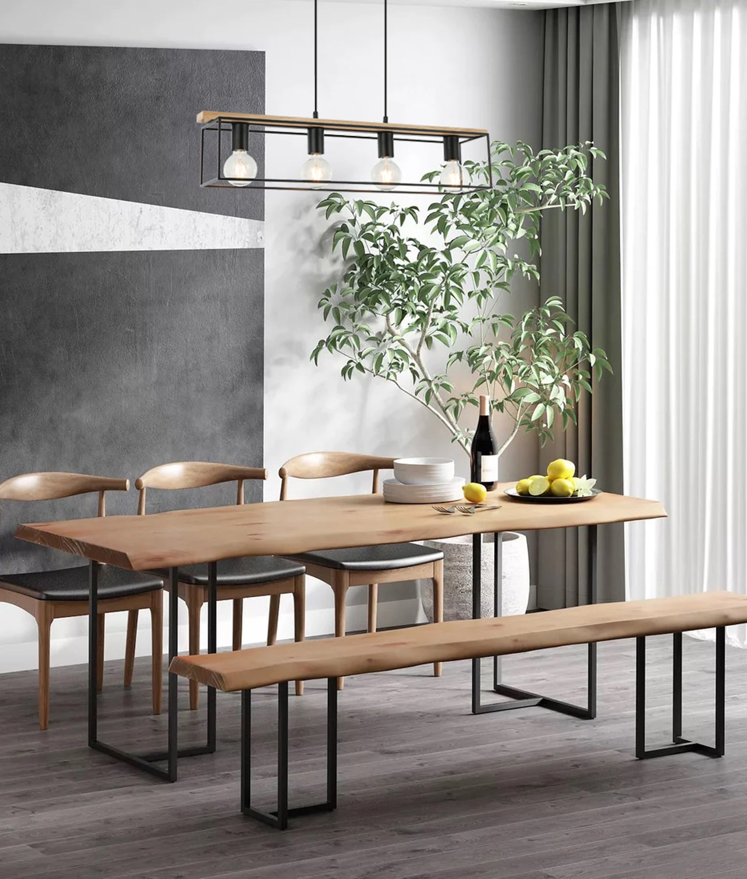 VIRUN: Interior Rectangular Frame Wood with Black Hardware Pendant Lig ...